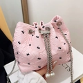 Pink pleated bucket bag with bow prints, silver chain strap and pearl charms - Pink