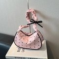 Pink jacquard ballet-style armpit bag with black bow patterns and ruffled handle - Pink