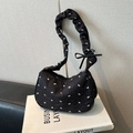 Ballet style black hobo bag with white bows and pleated shoulder strap decoration - Black