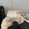 Chic cream white drawstring cloud bucket bag with thin leather strap and gold lettering - White without Pendant
