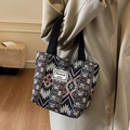 Ethnic style woven tote bag featuring geometric patterns and durable black webbing handles - Small Black