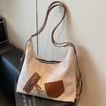 Grande borsa tote in tela grigio chiaro con cinturini in pelle marrone e zip vintage - Bianco Sporco