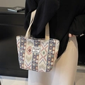 Ethnic style canvas tote bag with colorful geometric patterns and woven handles - Small Khaki