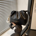 Chic black drawstring bucket bag in smooth PU leather with white plush sheep charm - Black With Long Leg Elf Pendant