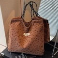 Borsa tote in velluto a coste marrone con stampe di cuori e manici in corda - Marrone