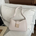 Chic beige half-moon shoulder bag with premium matte leather and gold metal buckle - White