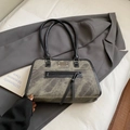 Sac cabas vintage en toile gris-vert avec bordure en cuir noir et grande capacité de rangement - Noir - Sans Pendentif