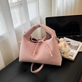 Pink pillow handbag in soft faux leather with drawstring handle and plush charm - Pink - No Pendant