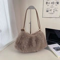 Bolso cubo de peluche café para mujer con correa de cuero marrón y detalle de nudo elegante - Marrón