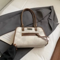 Sac fourre-tout vintage en toile beige avec finitions en cuir marron et poche zippée - Blanc Cassé - Sans Pendentif