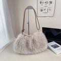 Furry bucket bag in light apricot faux fur with brown leather shoulder strap - Khaki