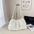 White fluffy plush bucket bag for women with golden metal rings and shoulder strap - White
