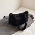 Chic black popcorn texture shoulder bag with soft pleated fabric and zip closure - Black