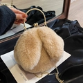 Süße khakifarbene Plüschtasche mit Hasenohren, Goldgriff und Vintage-Klippverschluss - Khaki