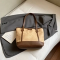 Chic beige canvas tote bag with dark brown leather trim for casual office style - No Pendant / Khaki