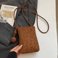 Brown leopard print crossbody phone bag with braided knot and fine shoulder strap - Brown With Woven Ball Pendant