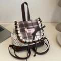 Mochila japonesa de lona marrón con solapa de cuadros, volantes y lazo decorativo - Marrón