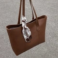 Borsa tote in pelle marrone con manico decorativo in sciarpa a motivi per donna moda - Marrone + Sciarpa