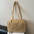 Retro beige faux suede tote bag with leather handles and front pocket detail - Khaki (No Pendant)