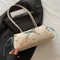 Borsa a spalla beige ricamata con motivo cachi e fiocco in seta blu elegante - Oro