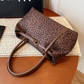 Leopard print suede tote bag with brown leather straps and metal buckle detail - Coffee