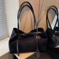 Minimalist black matte suede large capacity tote bag with long slim shoulder straps - Black