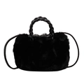 Furry black cloud crossbody bag with soft faux fur and chunky woven handle for winter fashion - Black