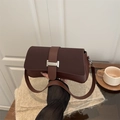 Dark brown baguette shoulder bag with silver H-buckle and matte leather finish - Coffee