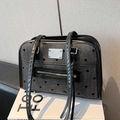 Borsa tote retrò a spina di pesce con pois neri e doppi manici ad alta capacità - Nero senza Ciondolo
