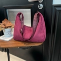 Minimalist burgundy suede tote bag featuring brown leather strap and silver buckle - Rose Red