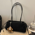 Fashionable black plush shoulder bag for women with cute monster charm for autumn winter - Black + Coffee Elf Charm