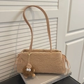 Khaki plush shoulder bag with long strap and cute monster charm for autumn fashion - Khaki with Brown Elf Charm