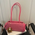 Rose pink plush shoulder bag with long straps and a cute brown monster keychain - Pink with Brown Elf Charm