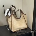 Large beige suede hobo shoulder bag with brown leather trim for autumn workwear - Khaki - Without Pendant