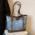 Retro denim tote bag in blue and brown patchwork with fashion label and large capacity - Blue - Without Pendant