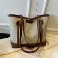 Large beige and brown canvas tote bag with leather trim and fashion logo detail - Grey without Pendant