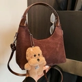 Borsa tote in pelle scamosciata marrone scuro con manico in vernice e charm a cane - Caffè Con Ciondolo Cane Marrone