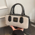 Borsa bowling retrò in tela con finiture in pelle nera e dettagli dorati color crema - Nero