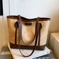 Khaki canvas and brown leather tote bag with FASHION patch displayed on luggage - Khaki - Without Pendant