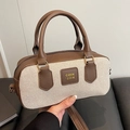 Borsa bowling in tela marrone e crema con finiture in pelle vintage a contrasto - Marrone
