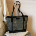 Fashionable grey-green frosted tote bag with black leather straps and fashion label - Black - Without Pendant