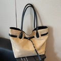 Minimalist large tote bag in khaki suede finish with black shoulder straps and buckle detail - Khaki