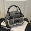 Dark grey denim Boston bag with lace trim, black bows and checkered ribbon detail - Black