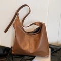 Brown large capacity PU leather shoulder bag with adjustable wide strap for 2025 fashion - Brown