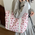 Borsa tote in velluto a coste rosa con stampa a fragole e tasche esterne pratiche - Rosa