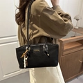 Black faux suede tote bag with metal Fashion logo and bohemian tassel charm - Black (With Charm)
