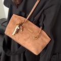 Brown faux suede tote bag with fashion tag and beaded charm for women - Brown (With Charm)