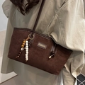 Deep brown suede tote bag with ethnic beaded charm and gold fashion hardware detail - Coffee (With Charm)
