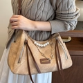 Borsa tote marrone chiaro retrò con catena di perle e tracolla in metallo chic - Cachi Con Catena