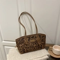 Chic leopard print faux suede tote bag with brown slim handles and fashion label - Leopard (No Pendant)